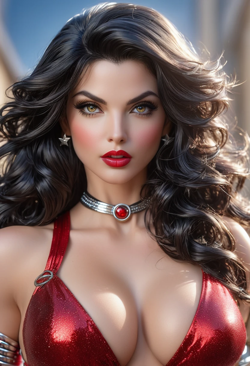 (best quality,4k,8k,highres,masterpiece:1.2),ultra-detailed,(realistic,photorealistic,photo-realistic:1.37),portrait, donna Troy ,beautiful detailed eyes,beautiful detailed lips,extremely detailed face,long eyelashes, sexy,soft lighting,subtle background,professional photography,vivid colors full body ,  by a fan, blushing face () full body (seductive) (ready for ) (biting her liplue eyes) (Donna Troy) Amazon (wonder girl) (red outfit) (silver bracelets)