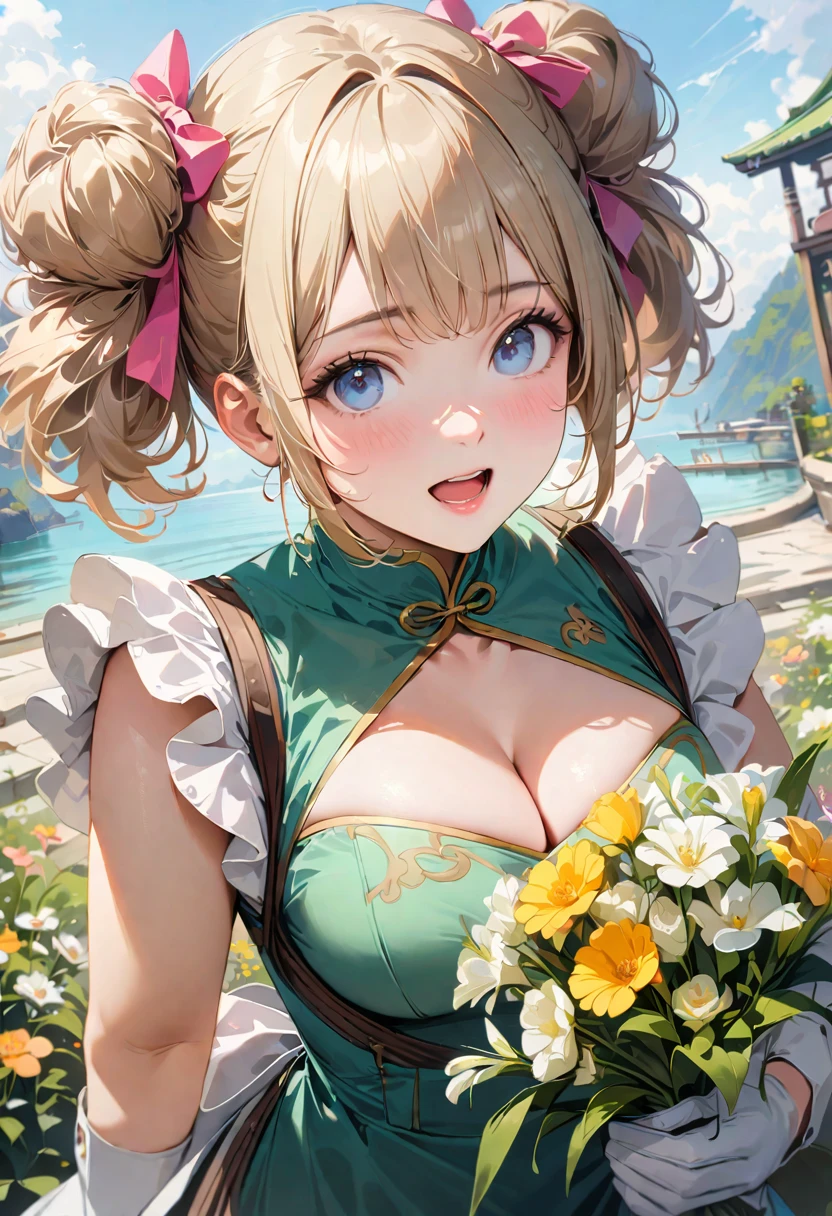 30 years old,1 mature woman,hyperrealistic, 8k, (extremely detailed 8k), (very delicate and beautiful), (masterpiece), (better quality:1.0), (ultra high resolution:1.0), (masterpiece, best quality), cute,blonde,cleavage cutout,(broen dress:1.3),gleaming skin,twintails,twin bun,a pink ribbon on the head,long hair,pastel green chinese maid dress,pastel green chinese dress,white long gloves,hold a bouquet of flowers,face and body straight at the camera,a bunch of flowers,POV,bust shot,white frill,puffy sleeves,laugh with open mouth,tareme,sky blue eyes,short truffle half apron,a gold buckle around someones neck,white corset