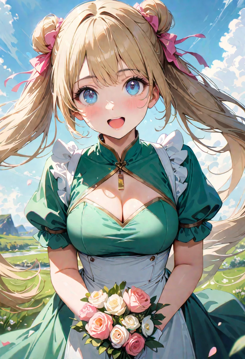 30 years old,1 mature woman,hyperrealistic, 8k, (extremely detailed 8k), (very delicate and beautiful), (masterpiece), (better quality:1.0), (ultra high resolution:1.0), (masterpiece, best quality), cute,blonde,cleavage cutout,(broen dress:1.3),gleaming skin,twintails,twin bun,a pink ribbon on the head,long hair,pastel green chinese maid dress,pastel green chinese dress,white long gloves,hold a bouquet of flowers,face and body straight at the camera,a bunch of flowers,POV,bust shot,white frill,puffy sleeves,laugh with open mouth,tareme,sky blue eyes,short truffle half apron,a gold buckle around someones neck,white corset