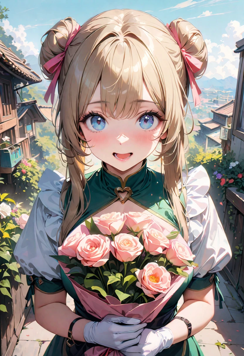 30 years old,1 mature woman,hyperrealistic, 8k, (extremely detailed 8k), (very delicate and beautiful), (masterpiece), (better quality:1.0), (ultra high resolution:1.0), (masterpiece, best quality), cute,blonde,cleavage cutout,(broen dress:1.3),gleaming skin,twintails,twin bun,a pink ribbon on the head,long hair,pastel green chinese maid dress,pastel green chinese dress,white long gloves,hold a bouquet of flowers,face and body straight at the camera,a bunch of flowers,POV,bust shot,white frill,puffy sleeves,laugh with open mouth,tareme,sky blue eyes,short truffle half apron,a gold buckle around someones neck,white corset