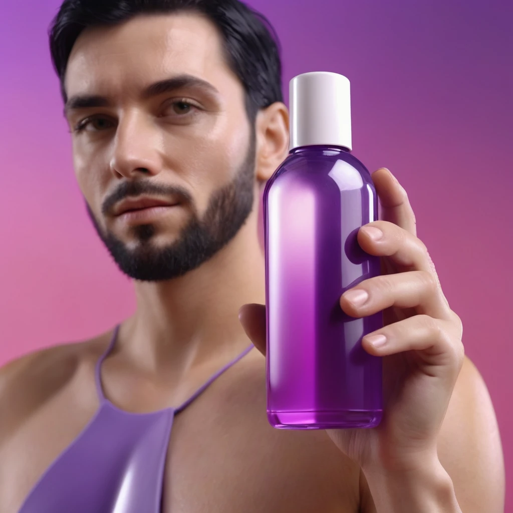 bottle of massage oil in his hand, blackhair sporty white European male hands holding purple bottle of massage oil to her face, that is glowing with pink and purple colours, dripping wet, closeup macro photo, minimalistic, in a light purple and pink style, with soft edges and blurred details, in the toycore style, with a 3D render, on a colorful background, with a minimalist stage design, in a surreal style, with a cinema4D rendering, with a minimalist style, with low saturation, using gradient colors, with a cinema4D rendering, with a blender rendering, with super detail, at a super high resolution, at a super high definition
