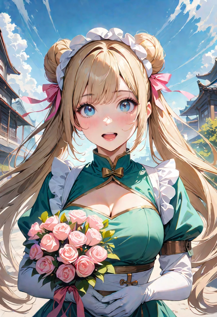 30 years old,1 mature woman,hyperrealistic, 8k, (extremely detailed 8k), (very delicate and beautiful), (masterpiece), (better quality:1.0), (ultra high resolution:1.0), (masterpiece, best quality), cute,blonde,cleavage cutout,(broen dress:1.3),gleaming skin,twintails,twin bun,a pink ribbon on the head,long hair,pastel green chinese maid dress,pastel green chinese dress,white long gloves,hold a bouquet of flowers,face and body straight at the camera,a bunch of flowers,POV,bust shot,white frill,puffy sleeves,laugh with open mouth,tareme,sky blue eyes,short truffle half apron,a gold buckle around someones neck,white corset