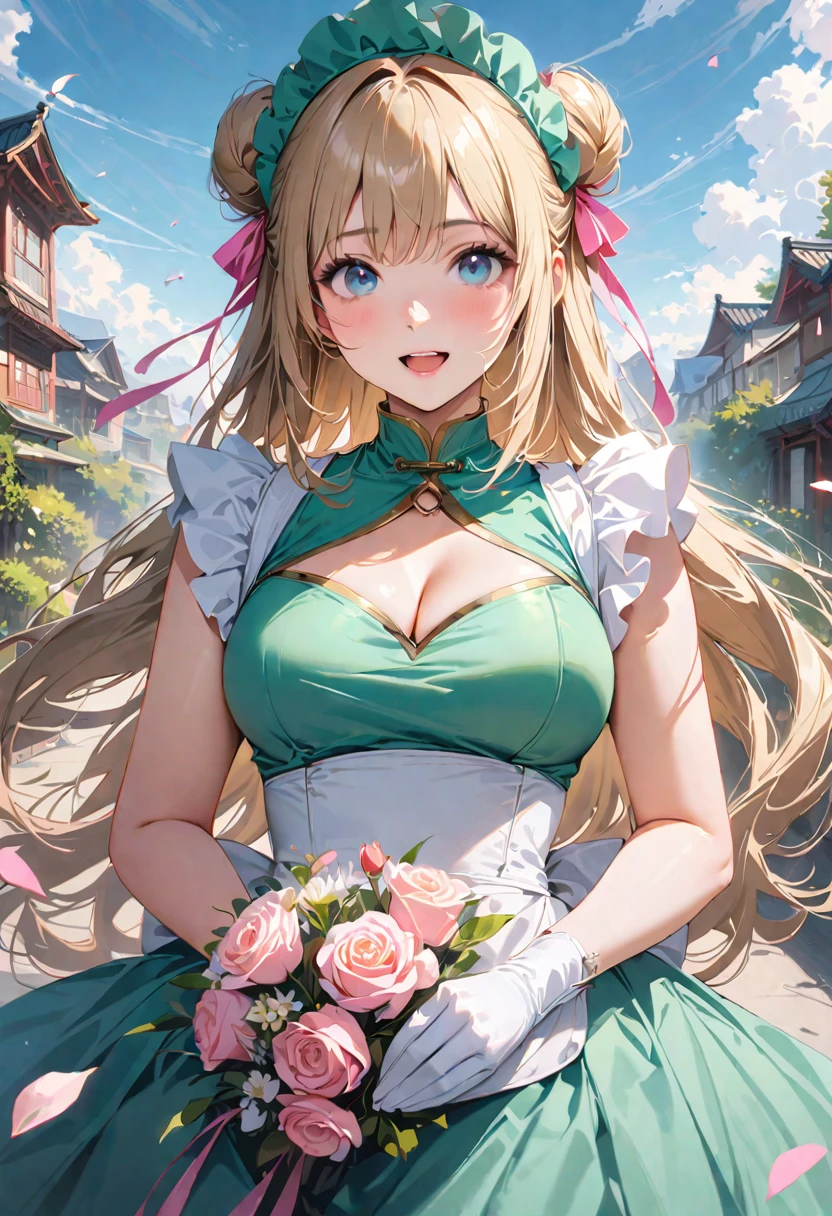 30 years old,1 mature woman,hyperrealistic, 8k, (extremely detailed 8k), (very delicate and beautiful), (masterpiece), (better quality:1.0), (ultra high resolution:1.0), (masterpiece, best quality), cute,blonde,cleavage cutout,(broen dress:1.3),gleaming skin,twintails,twin bun,a pink ribbon on the head,long hair,pastel green chinese maid dress,pastel green chinese dress,white long gloves,hold a bouquet of flowers,face and body straight at the camera,a bunch of flowers,POV,bust shot,white frill,puffy sleeves,laugh with open mouth,tareme,sky blue eyes,short truffle half apron,a gold buckle around someones neck,white corset