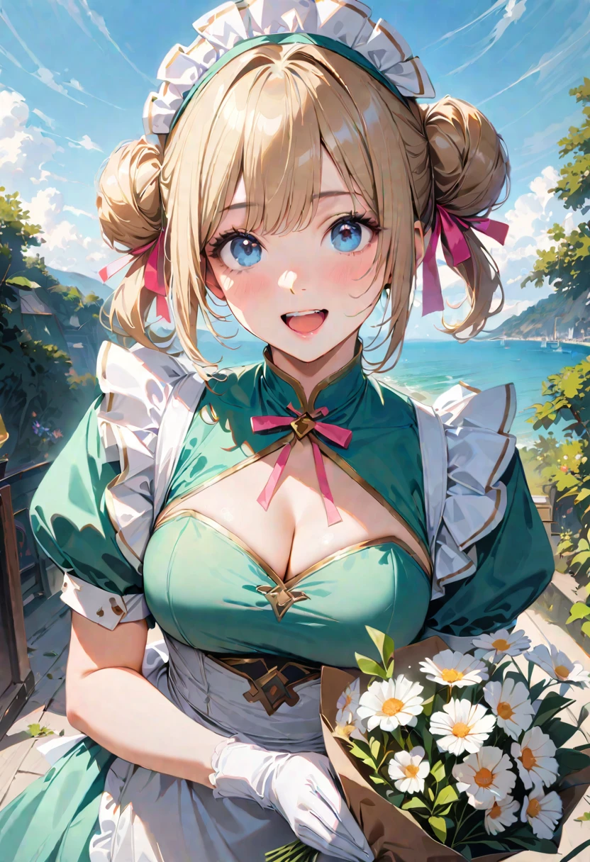 30 years old,1 mature woman,hyperrealistic, 8k, (extremely detailed 8k), (very delicate and beautiful), (masterpiece), (better quality:1.0), (ultra high resolution:1.0), (masterpiece, best quality), cute,blonde,cleavage cutout,(broen dress:1.3),gleaming skin,twintails,twin bun,a pink ribbon on the head,long hair,pastel green chinese maid dress,pastel green chinese dress,white long gloves,hold a bouquet of flowers,face and body straight at the camera,a bunch of flowers,POV,bust shot,white frill,puffy sleeves,laugh with open mouth,tareme,sky blue eyes,short truffle half apron,a gold buckle around someones neck,white corset