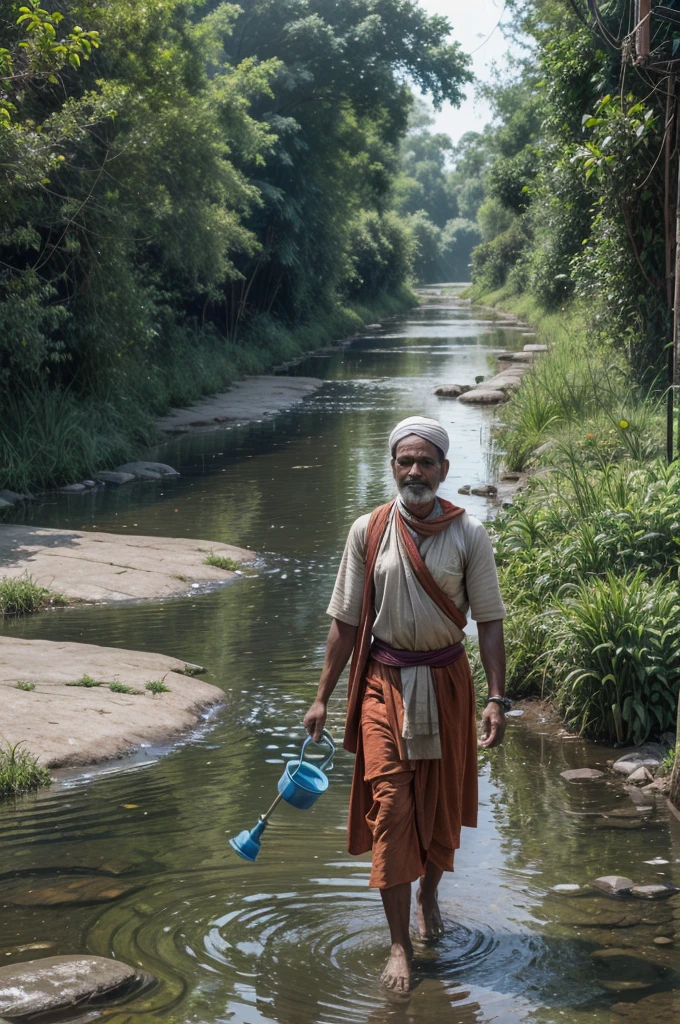 "A water carrier in India, with two large pots hanging from a pole over his shoulders, walking beside a stream."