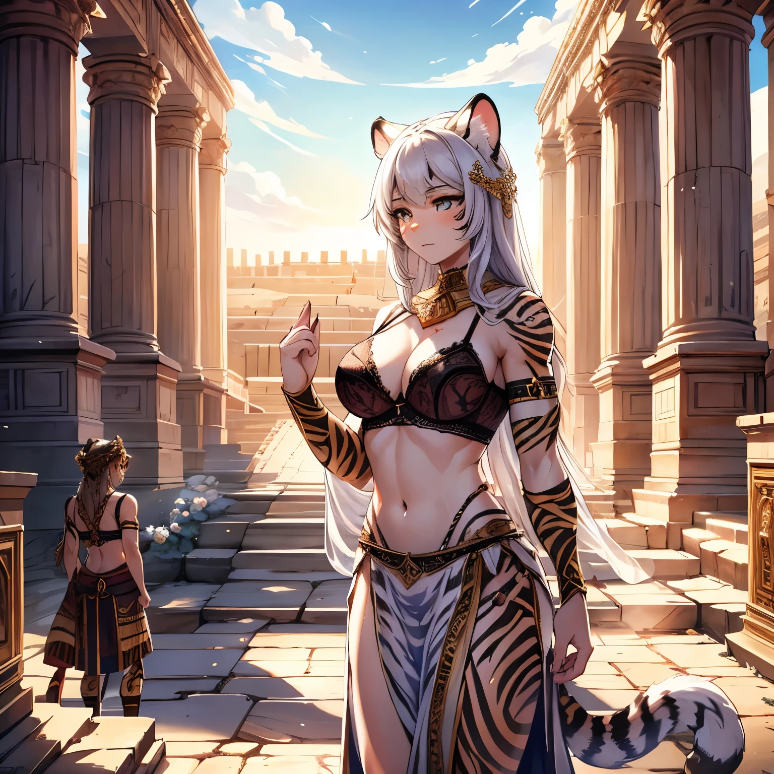the scene takes place in a Flavian Amphitheater, [Best quality, shadow, extreme detail, very detailed, ultra detailed, complex, realistic, complex and detailed masterpiece of an ancient Greek dream], the dream is of the breed human cats, she is decorated with intricate tiger tattoos, sporting magnificent white fur, dressed in a bra, (accompanied by her faithful white tiger companion),