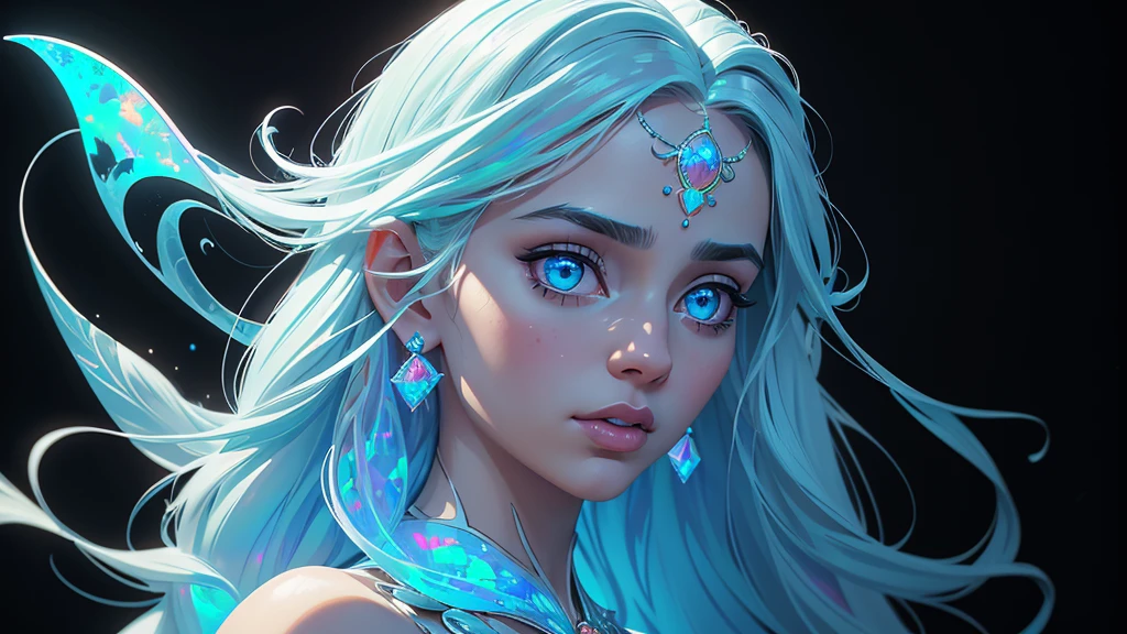 fantasy A girl and dynamic glow reflecting on face long hairs looking at back half turned completely white background (illusion) (bioluminescent transparent(((opal knight girl))) ((very long hair)), featuring a (((black silhouette))), intricate details and opal glowing outlines that give off a (((softly glowing opal blue))), evoking a sense of mystery and fantasy (((8k, Ultra high definition, Intricate details, hyper realistic))) photo realistic, ((white background))howcasing a ((face))) in adorned with intricate ()), with a (((sophisticatedly drawn face))) that reflects a (((detailed, advanced styling process))), reminiscent of Arantza Sestayo and Gustav Doré, against a (((complex, surreal backdrop))) that defies the ordinary, with (((unusual creatures and fantastical elements))) that push the boundaries of reality, all set against a (((highly detailed, 8K environment))), where every detail is hyper-cute and precise focus just on face and at corner and have more dynamic background