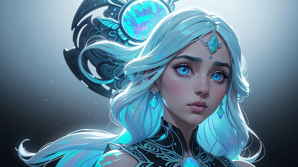fantasy A girl and dynamic glow reflecting on face long hairs looking at back half turned completely white background (illusion) (bioluminescent transparent(((opal knight girl))) ((very long hair)), featuring a (((black silhouette))), intricate details and opal glowing outlines that give off a (((softly glowing opal blue))), evoking a sense of mystery and fantasy (((8k, Ultra high definition, Intricate details, hyper realistic))) photo realistic, ((white background))howcasing a ((face))) in adorned with intricate ()), with a (((sophisticatedly drawn face))) that reflects a (((detailed, advanced styling process))), reminiscent of Arantza Sestayo and Gustav Doré, against a (((complex, surreal backdrop))) that defies the ordinary, with (((unusual creatures and fantastical elements))) that push the boundaries of reality, all set against a (((highly detailed, 8K environment))), where every detail is hyper-cute and precise focus just on face and at corner and have more dynamic background