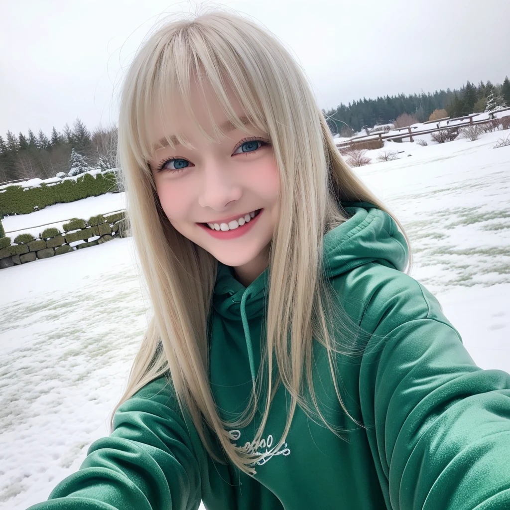 Pale blonde age girl with bangs and blue-green eyes soft silky hair, with a white sweatshirt and white pants taking a photo in the snow and smiling 