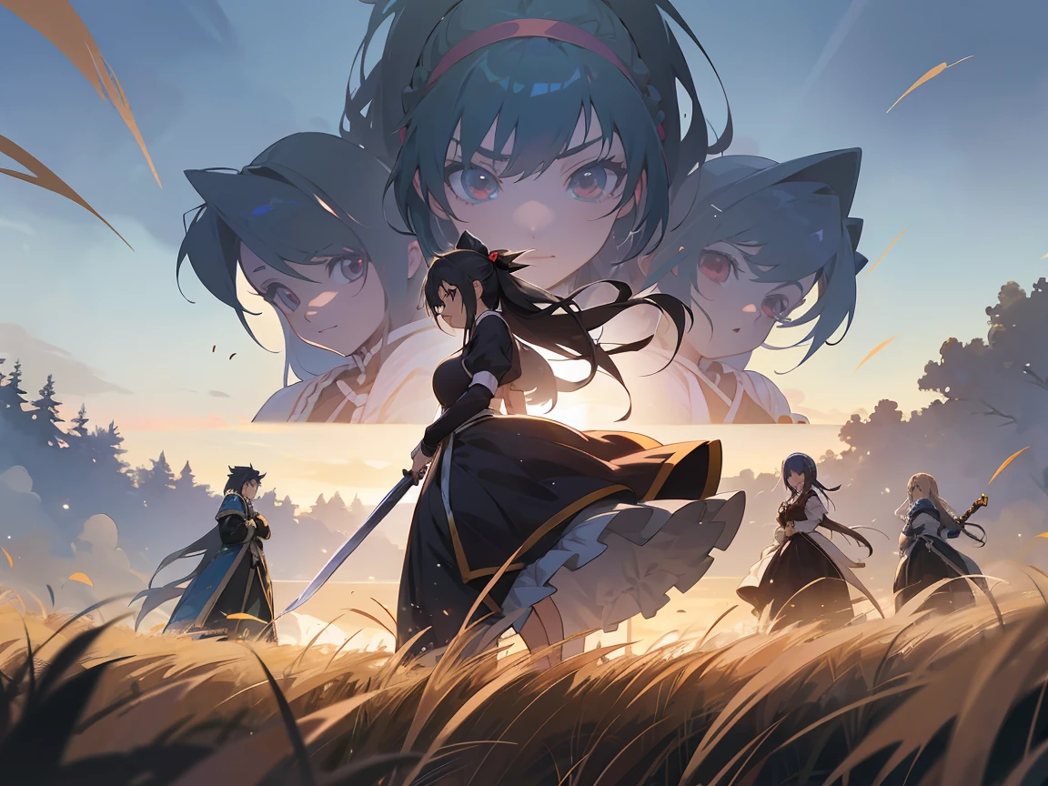 four anime characters in a field with the central woman holding a sword, like the darkness of konosuba, a woman with lolita style on her side and around her a spiritual aura exuding, their style of clothing is very reminiscent of a generic anime maid, behind them a robust old lumberjack, and by his side a dwarf miner