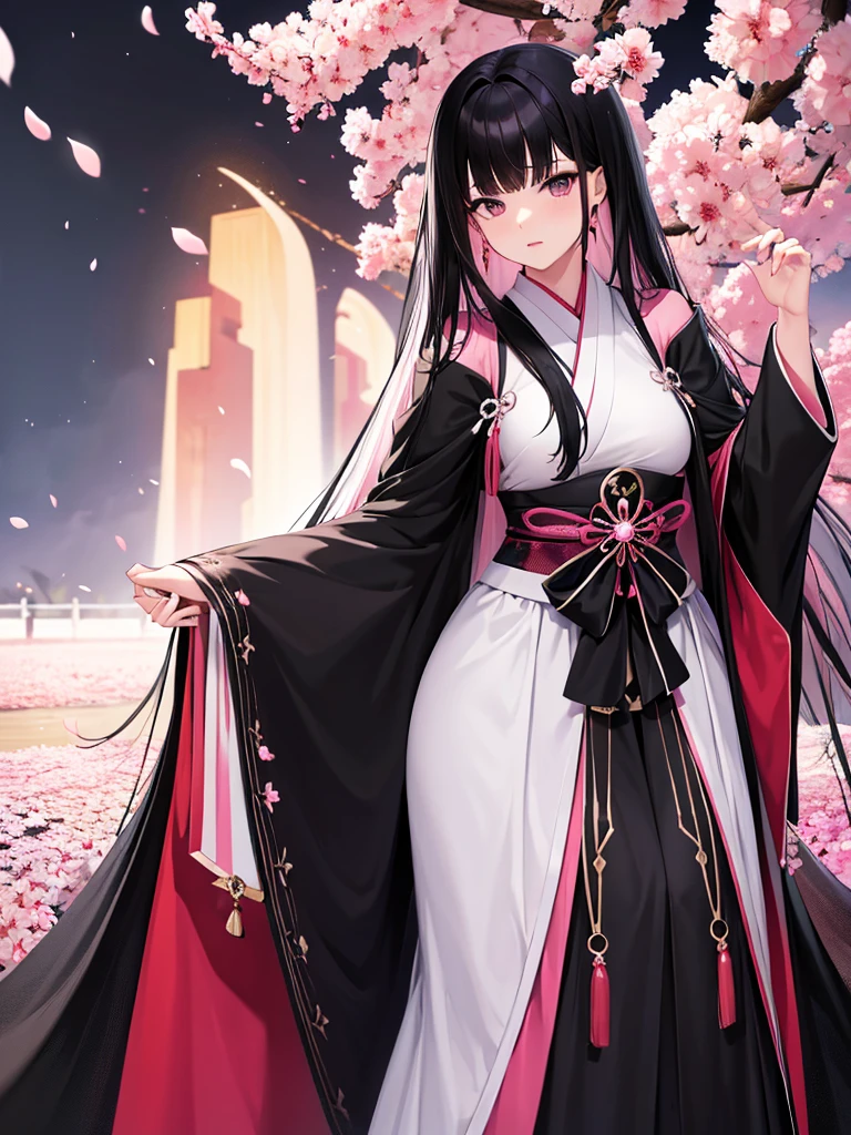 best quality, character design sheet, adult woman、No hat on, Black and pink hair, whole body, Head to Toe, Fortuneteller、Standing facing forward, Beautiful black dress, long Black Hair, Pure white background, from front, best quality, Cherry blossom pattern、Japanese、Adult Japanese、Clear eyes、Standing facing forward、The face is facing forward、holding a magic card in hand、White background、Black western dress、Neutral face、Black hair with pink inner color