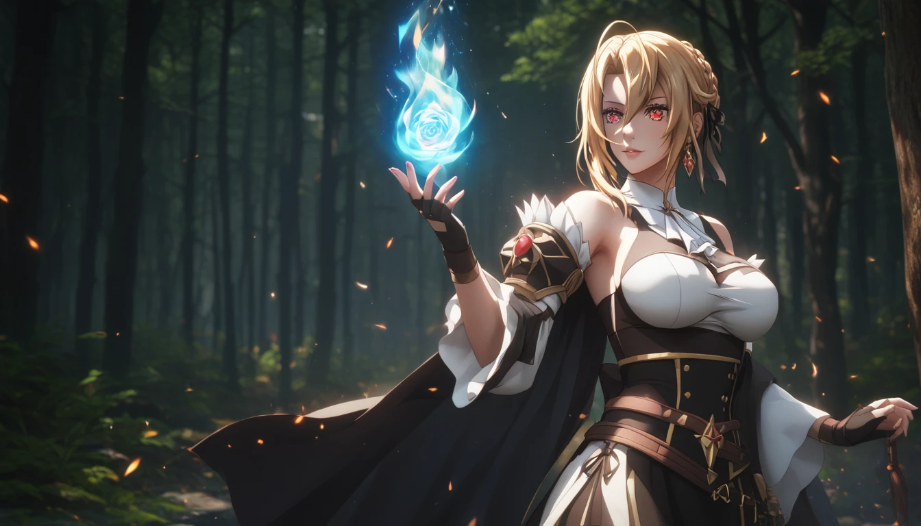 score_9, score_8_up, score_7_up, score_6_up, uncensored, angelica, blonde hair, braid, red eyes, BREAK (masterpiece:1.2), best quality, high resolution, (beautiful detailed eyes:1.3), perfect lighting, (perfect hands, perfect anatomy), large breasts, breasts, epic art, fantasy, 1girl, gloves, bare_shoulders, magic, fingerless_gloves, dress, fire, earrings, wide_sleeves, forest, glow effects, godrays, Hand drawn, Vivid colors, extremely detailed CG unity 8k wallpaper, trending on CGSociety, Intricate, High Detail, dramatic,