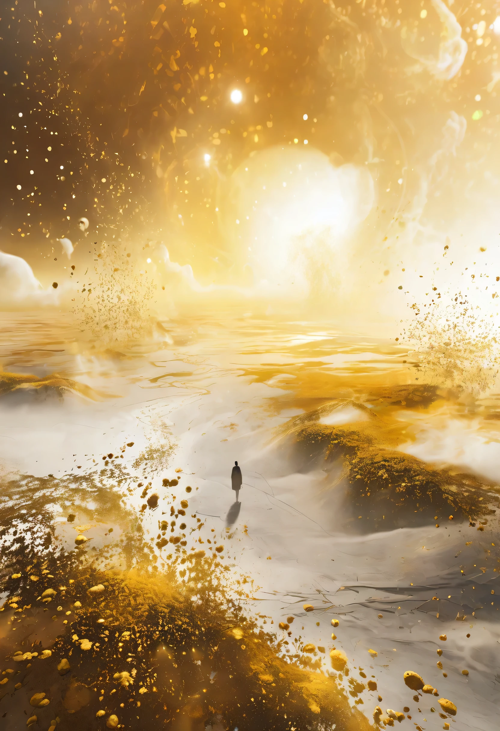 On the empty wasteland,Surrounded by many hazy golden particles floating in the air,Mysterious atmosphere,Hazy abstract future beauty