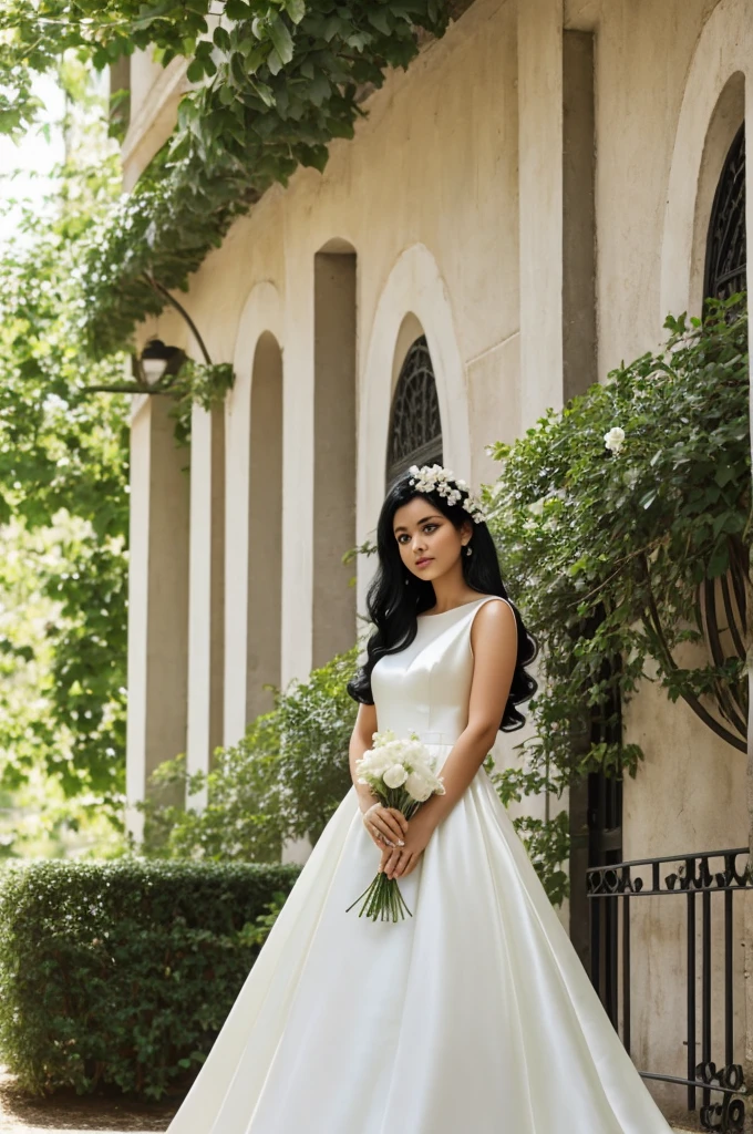 A girl with black hair and a white dress and a green silk parisol with a flower design