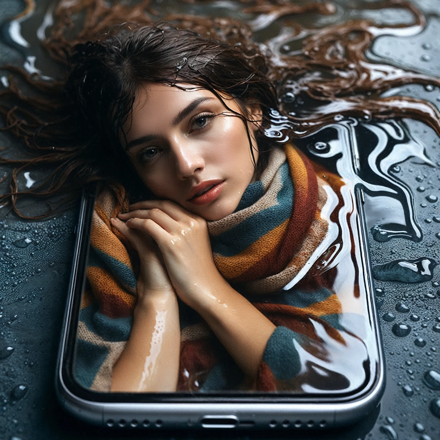a woman in a black hat and scarf laying on a wet surface, by irakli nadar, photo manipulation, smartphone photography, professional iphone photo, face in water, water manipulation photoshop, water art manipulation, hd phone wallpaper, distorted photo, digital art #oneshotgame, surreal water art, by Ibrahim Kodra, dramatic photography, portait photo profile picture