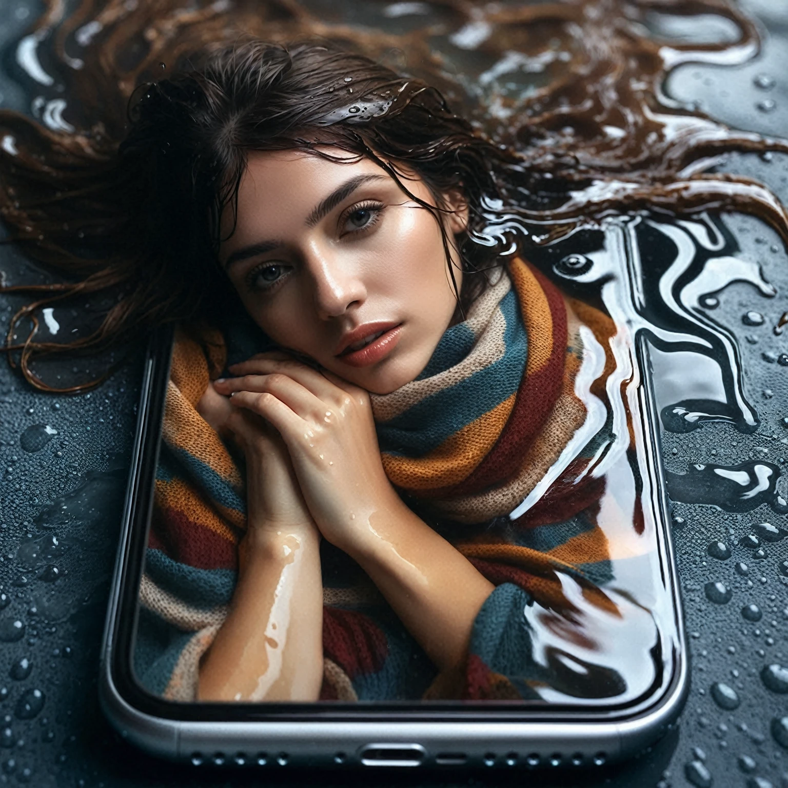 a woman in a black hat and scarf laying on a wet surface, by irakli nadar, photo manipulation, smartphone photography, professional iphone photo, face in water, water manipulation photoshop, water art manipulation, hd phone wallpaper, distorted photo, digital art #oneshotgame, surreal water art, by Ibrahim Kodra, dramatic photography, portait photo profile picture