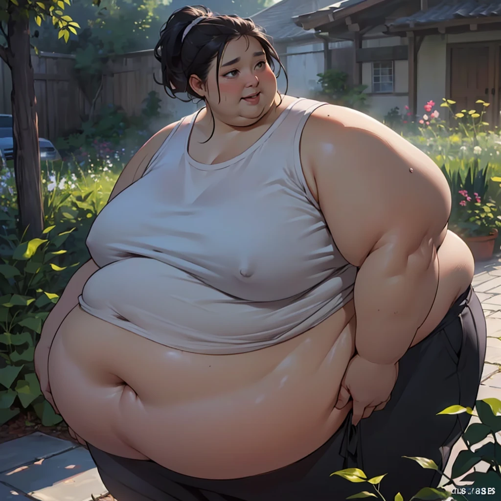 (masterpiece, detailed, realistic:1.2), high aesthetic, asian woman, (USSBBW, morbidly obese, fatblob:1.5), detailed, beautiful face, high ponytail, grey sweatpants, grey tanktop, streched clothes, garden, sultry expression, standing,