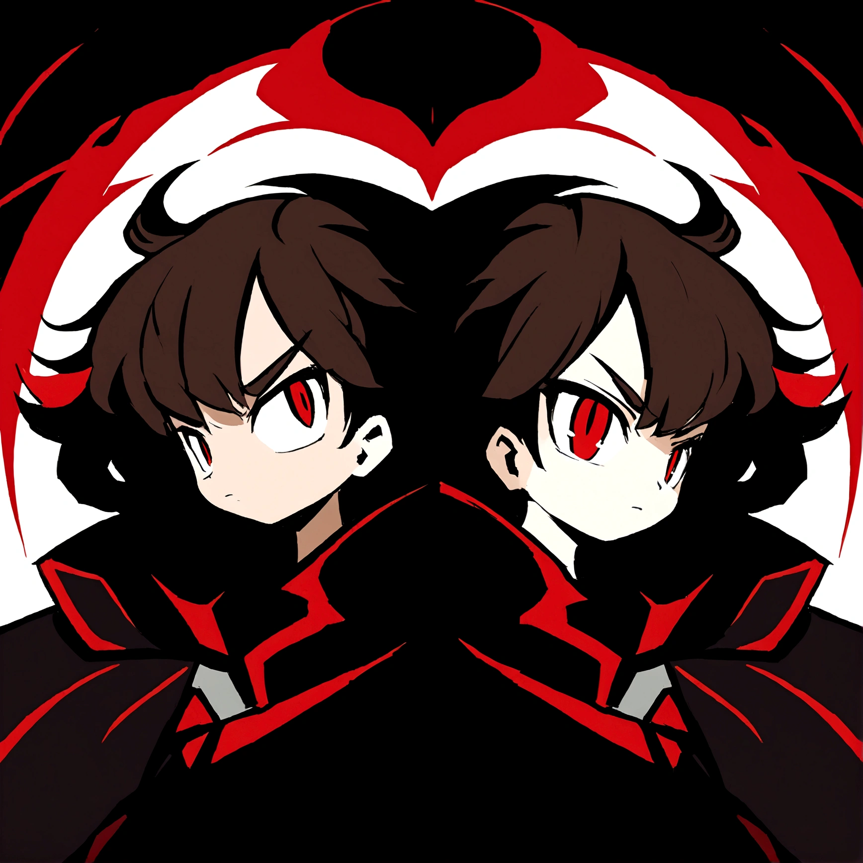 anime style diffusion, upper body, (face to the side 0.3), boy with messy brown hair bright red eyes, (open eyes 0.5), (serious face 0.1), black majestc cloak with red details, upper light, high contrast , 2D style, photoshop, cinematic
