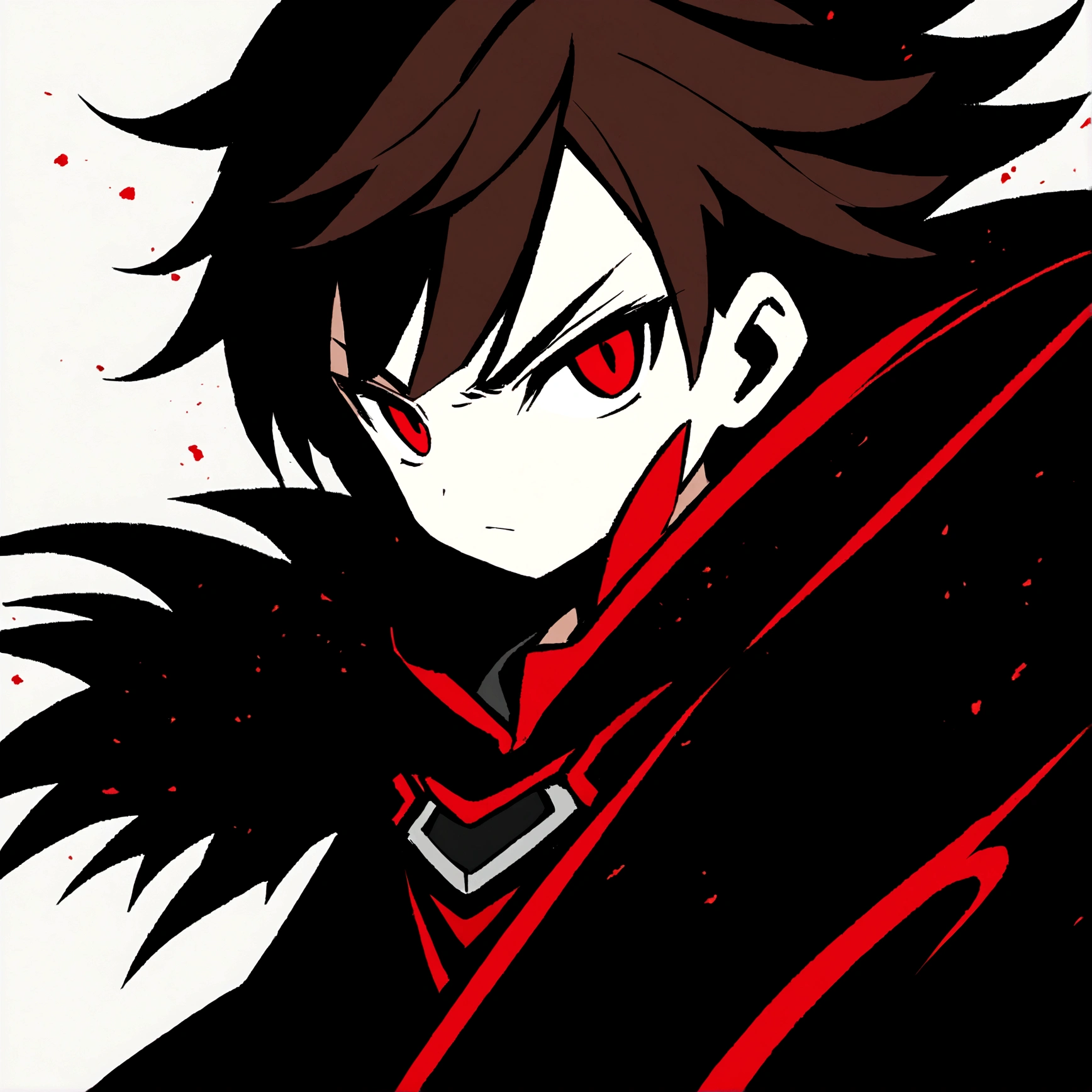 anime style diffusion, upper body, (face to the side 0.3), boy with messy brown hair bright red eyes, (open eyes 0.5), (serious face 0.1), black majestc cloak with red details, upper light, high contrast , 2D style, photoshop, cinematic
