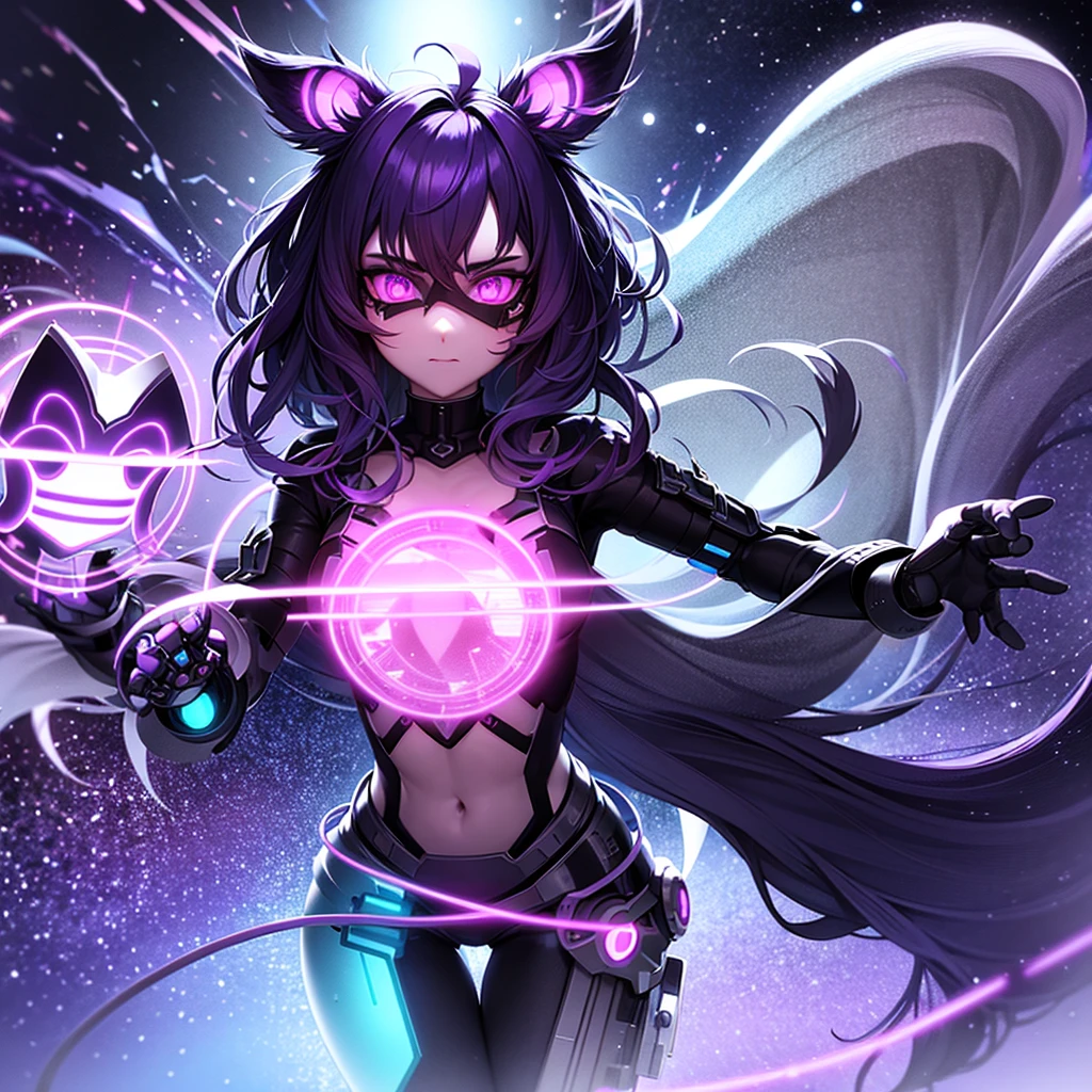 I come out of the portal and I have technological weapons, and my hair is black with purple mixed in and there are wolf ears in my hair and I have a tail, my left arm has armor while the right one is without and I have some robotic parts that glow purple and I have robotic horns and I have a robotic neck with some purple lights and my eye is purple and I wear a mask with purple LED with a radiation symbol and the mask only covers my mouth the rest is exposed and I'm holding a naked girl