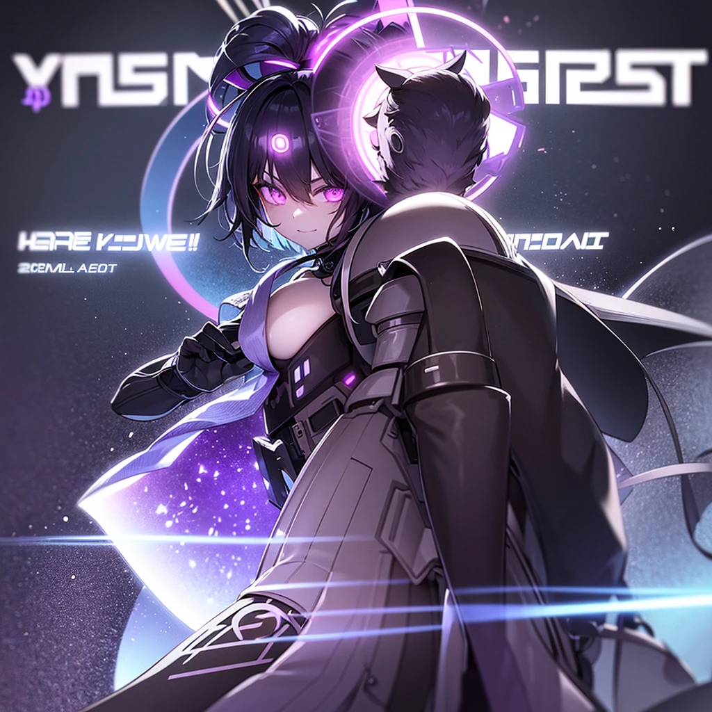 I come out of the portal and I have technological weapons, and my hair is black with purple mixed in and there are wolf ears in my hair and I have a tail, my left arm has armor while the right one is without and I have some robotic parts that glow purple and I have robotic horns and I have a robotic neck with some purple lights and my eye is purple and I wear a mask with purple LED with a radiation symbol and the mask only covers my mouth the rest is exposed and I'm holding a naked girl
