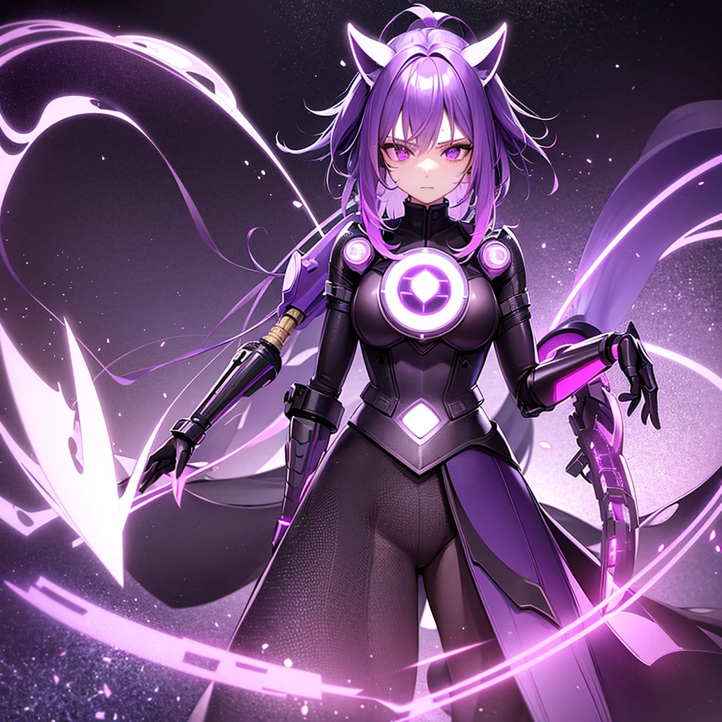 I come out of the portal and I have technological weapons, and my hair is black with purple mixed in and there are wolf ears in my hair and I have a tail, my left arm has armor while the right one is without and I have some robotic parts that glow purple and I have robotic horns and I have a robotic neck with some purple lights and my eye is purple and I wear a mask with purple LED with a radiation symbol and the mask only covers my mouth the rest is exposed and I&#39;m holding a naked girl