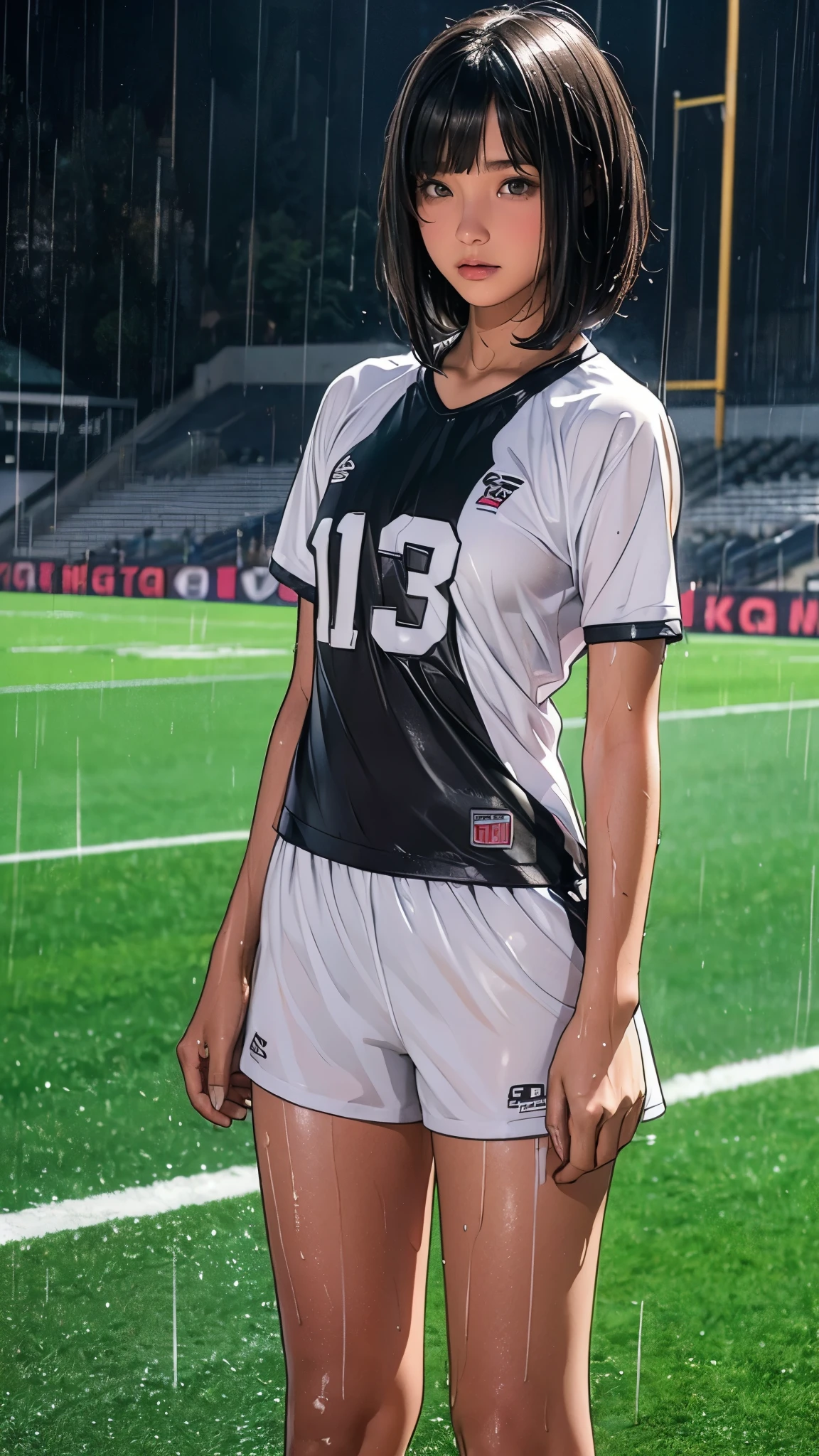 ((-yeld gi Very slim)), rain, heavy rain, Black Hair, Bobcut, Football Stadium, (Soccer uniforms, White, Wet Hair, Wet Skin, Wet clothes)