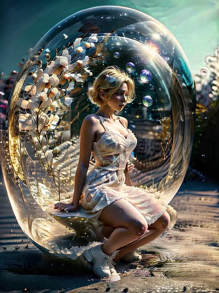 21 year old woman, blonde, sexly, linda, short dress, Inside a soap bubble, huge soap bubble, woman inside a soap bubble floating in a garden, big and soft breast