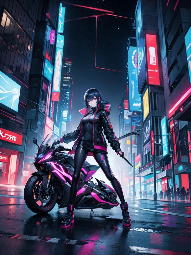 Cyberpunk: A slender girl is holding a sword and driving a futuristic motorcycle. Night city