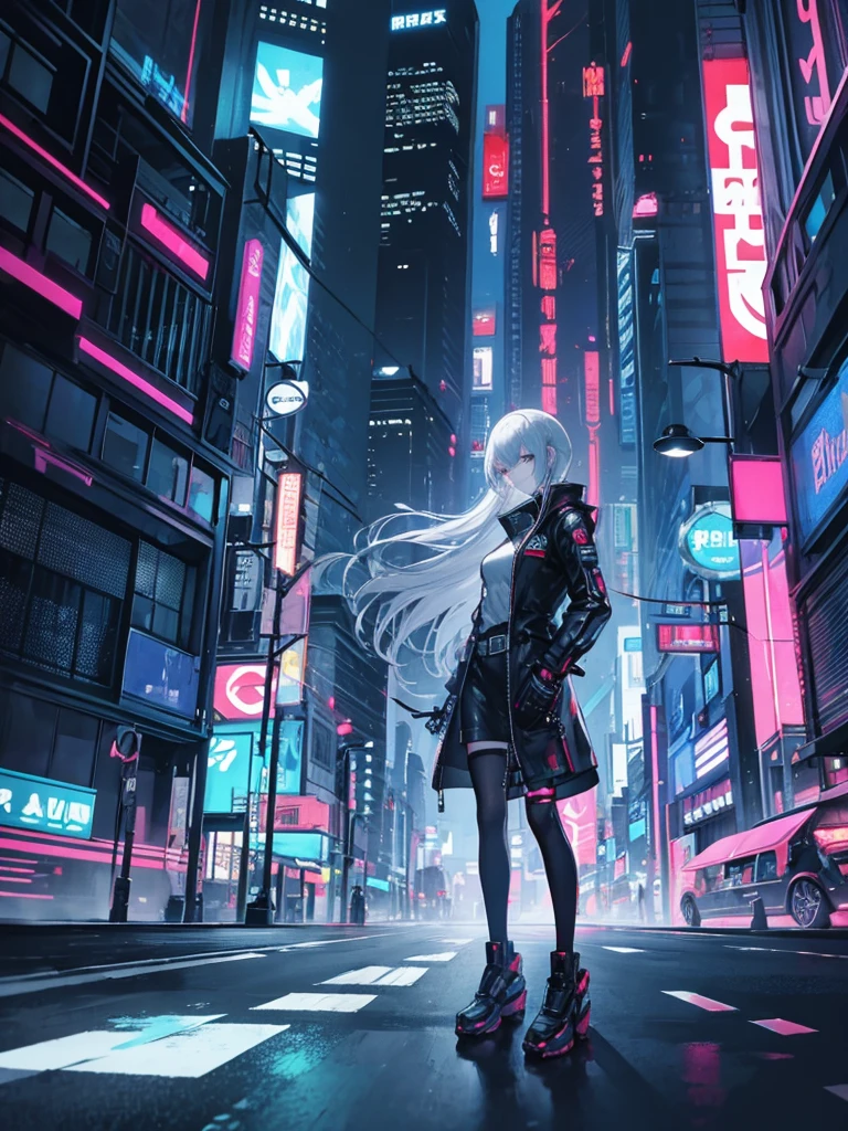 Cyberpunk: A slender girl is holding a sword and driving a futuristic motorcycle. Night city