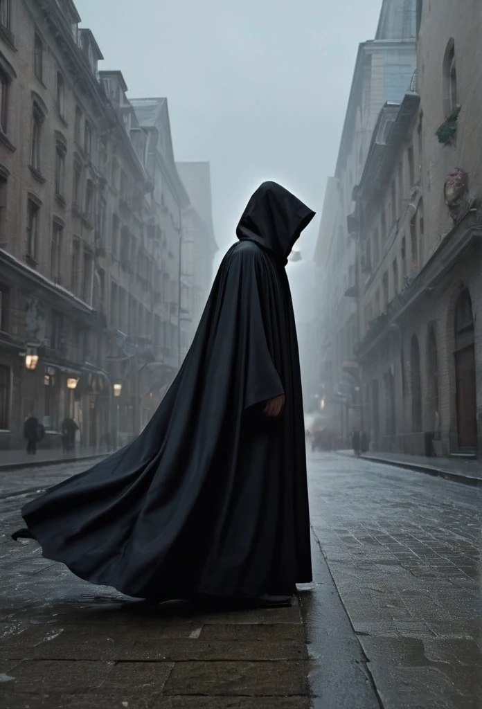 a picture of a person in a black  robe, wearing cloak, wearing a flowing cloak,half of the body is not visible  where   cloak is worn, cloaked,invisible cloak similar to harry potter invisibilty cloak, cloak wearning person is getting faded away, wearing cloak on blasted plain, technology cloak, cloak covering face, cloak flittering in the wind, cloaked dark winter night, very long white cloak, wearing cloak and hood, white cloak