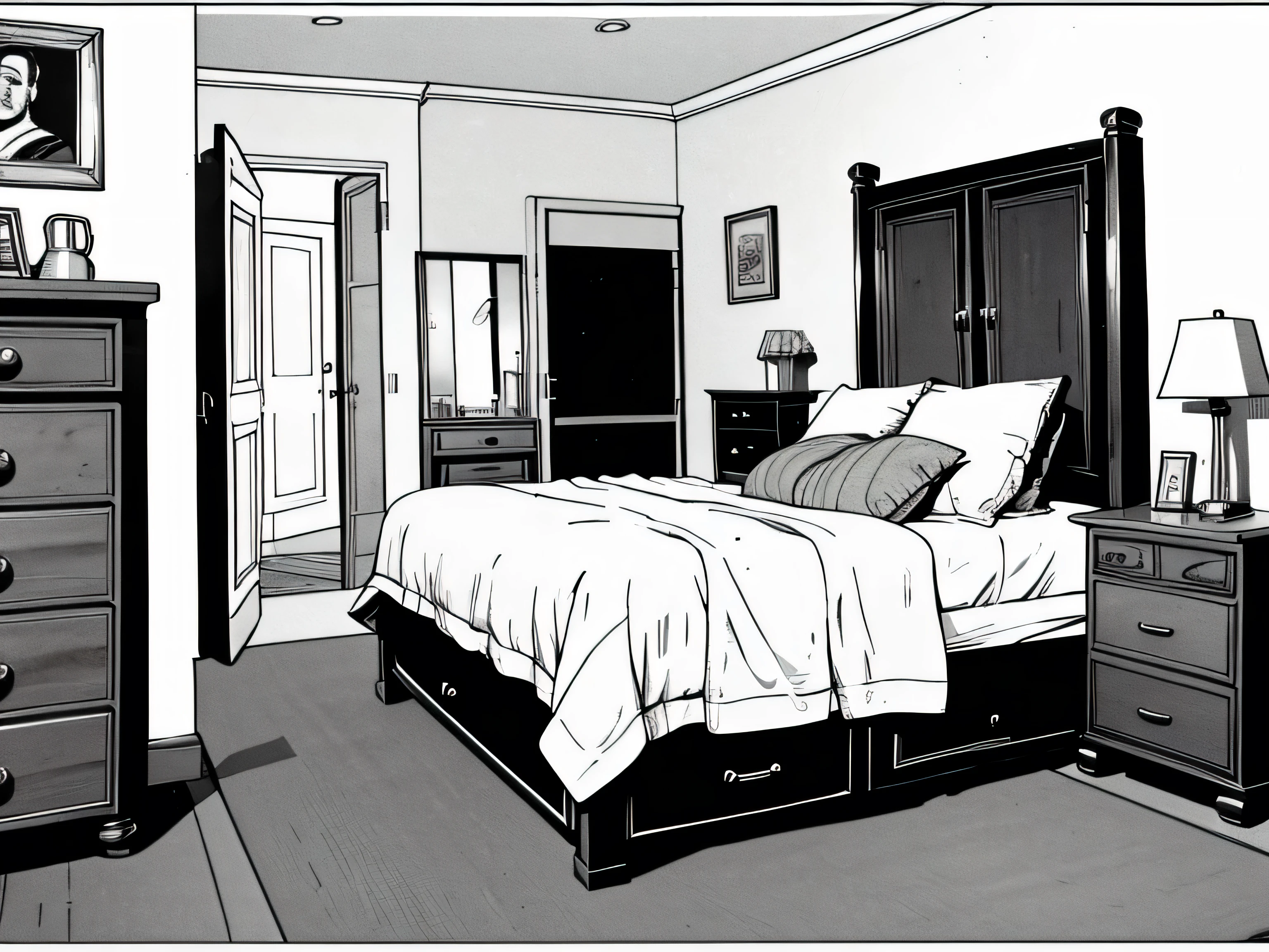 panoramic view plan, a fat man sitting on the bed trying to tie his shoes in front of the mirror. In the bedroom there is a bedside table as well as an antique chest of drawers with several drawers..
