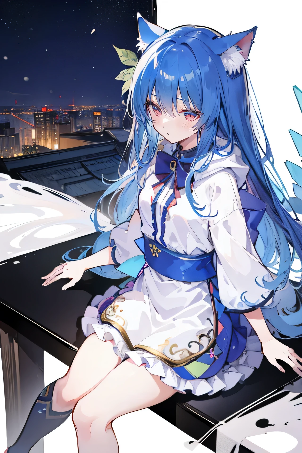 （masterpiece：1.2），Super detailed，lifelike，Expressive eyes，fair skin，perfect face shape，1 girl，
Japanese comics,Gorgeous blue hair,flowing blue hair,flowing clothes,Cat ears,Petals fall,beautiful lola,Baby Angel,
Shaking head with one hand，Cross your legs，Gentle and peaceful background，The pavilion is cool and comfortable,smile, wearing hoodie, background of tokyo,back views,snowing, winter,Angel wings，The world is open，shameful expression。