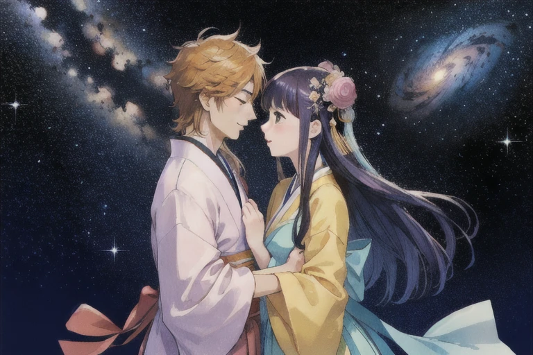 Highest quality、masterpiece、High sensitivity、High resolution、Detailed Description、Tanabata、A man and a woman meet、Orihime and Hikoboshi、milky way、