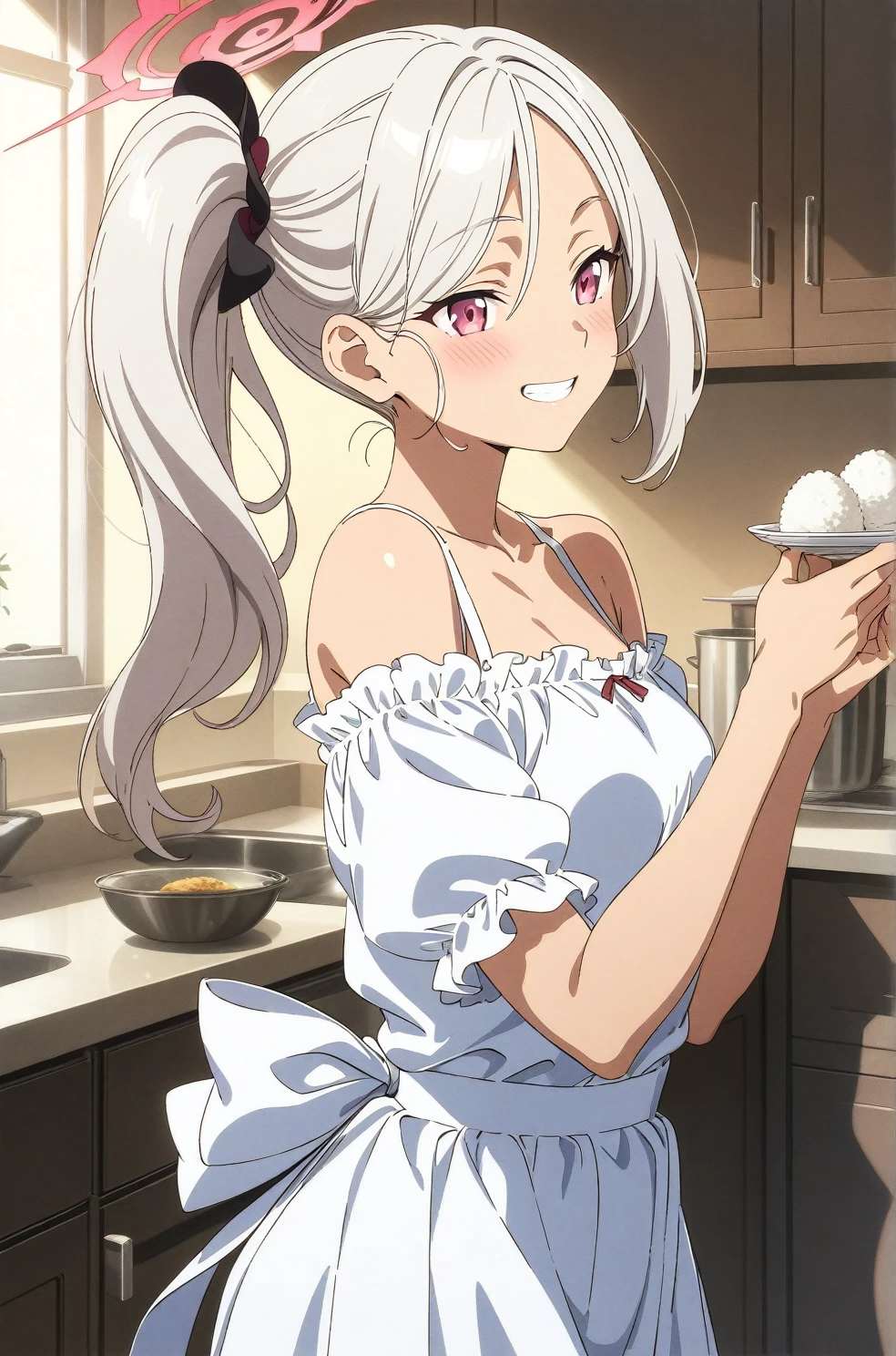 best quality, amazing quality, very aesthetic, absurdres, (1girl, mutsuki, blue archive, solo, red eyes, white hair, side ponytail), (realistic face:0.9),(off-shoulder dress:1.8),dress lift, (grin, blush, thigh:1.3), (cowboy shot), (glowing eyes), (half closed eyes:0.9), (from side:2),(official art:1.3), (kitchen), expressive eyes, perfect face, 4k, extremely detailed anime illustration, extremely detailed eyes, perfect anatomy, light rays, extremely delicate body, smooth skin, (school background:1.5), clear eyes, beautiful face, small breasts,(anime style:1.7), (Warm Light:1.5),(Tan skin:0.8), (highres:2), In the kitchen, brightly lit by the morning sun, a woman in a white apron is smiling at us. In her right hand is a handful of rice balls, and in her left is a small white plate filled with salt. Her smile is as if she is saying, "Look, it's almost ready.