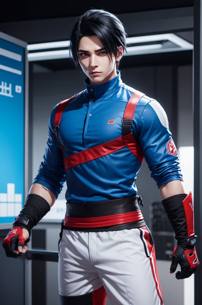 Make a male game character with black eyes blue clothes, red and white with black hair 