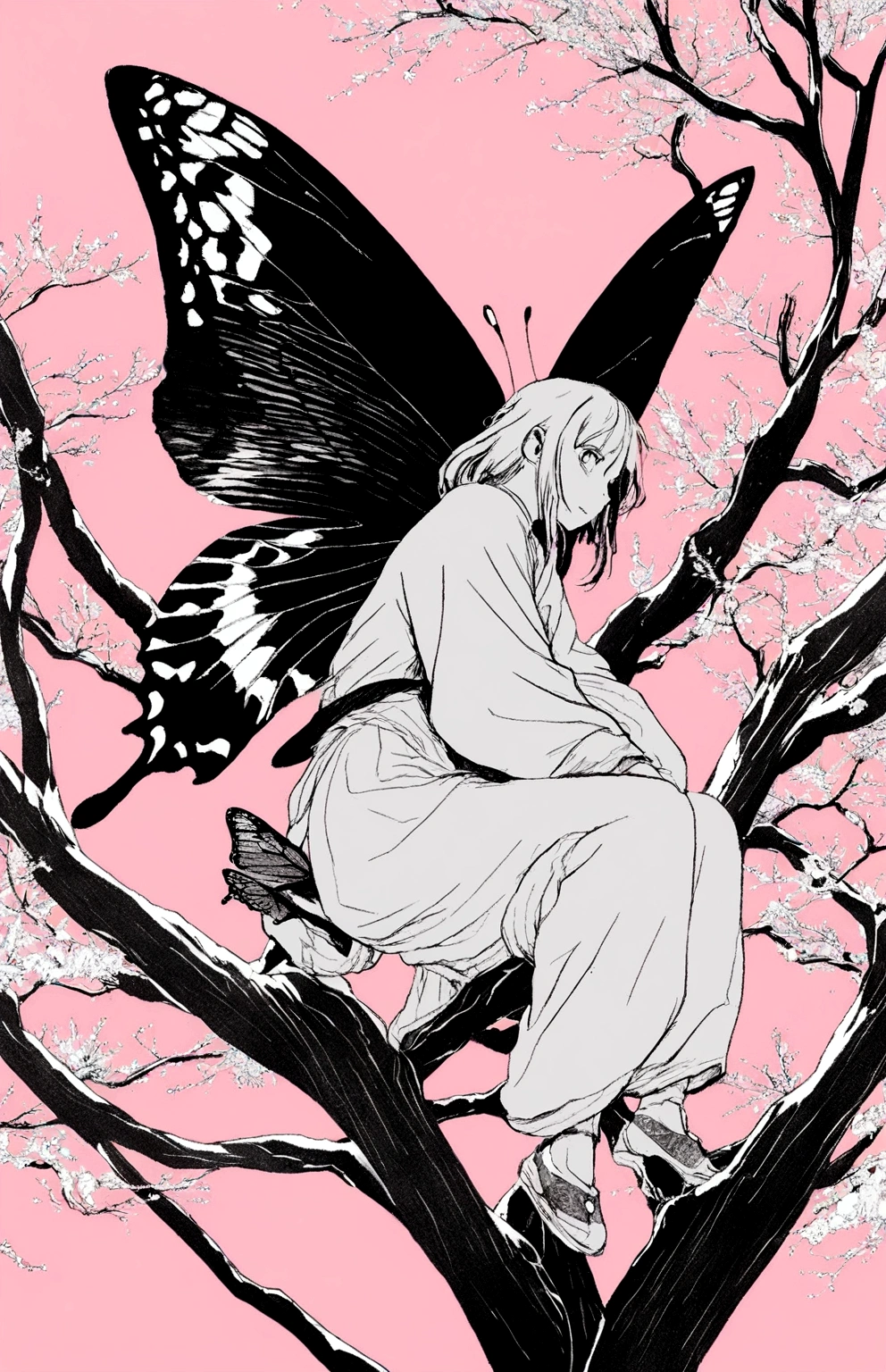 illustration of a woman sitting in a tree with a butterfly wings on her back, lineart inspired by Sakai Hōitsu, trending on pixiv, ukiyo-e, haruno sakura, shigenori soejima illustration, tsutomu nihei art, sakura haruno, conrad roset and makoto shinkai, chainsaw man