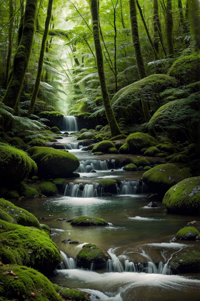 Create a realistic photo of a serene forest with tall, lush trees, sunlight filtering through the canopy, and a carpet of vibrant green moss. Include a gentle stream flowing through the scene, with crystal-clear water and smooth stones. The atmosphere should feel peaceful and untouched, showcasing the pure beauty of nature.