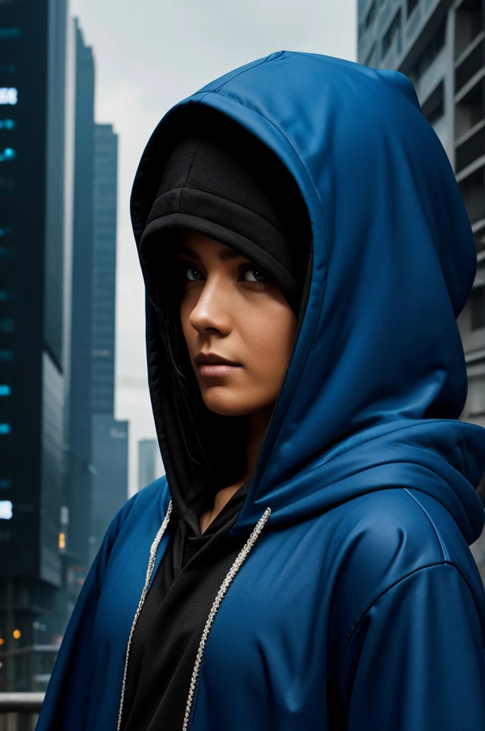 A cyberpunk blue hooded character