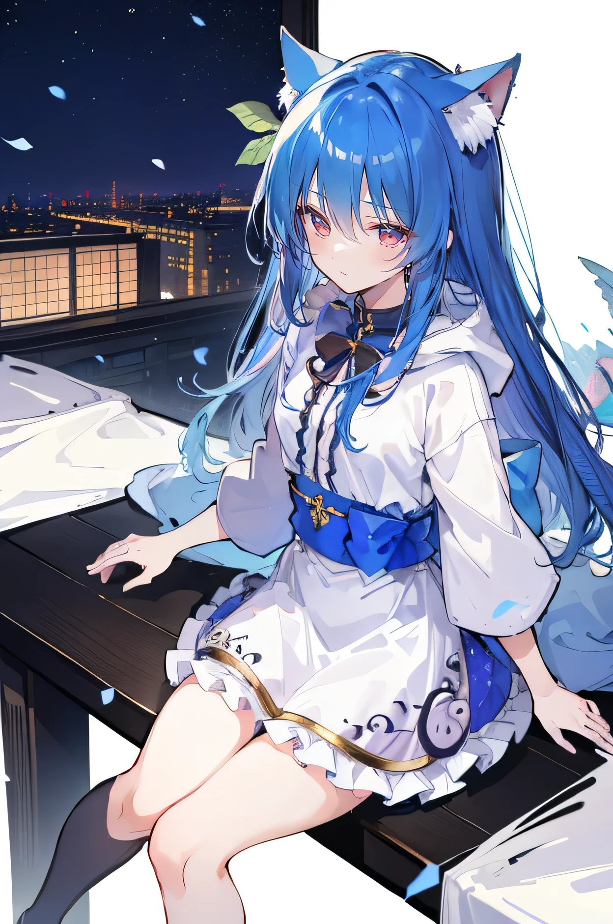 (masterpiece:1.2),Super detailed,lifelike,Expressive eyes,fair skin,perfect face shape,1 girl,
Japanese comics,Gorgeous blue hair,flowing blue hair,flowing clothes,Cat ears,Petals fall,beautiful lola,Baby Angel,
Shaking head with one hand,Cross your legs,Gentle and peaceful background,The pavilion is cool and comfortable,smile, wearing hoodie, background of tokyo,back views,snowing, winter,Angel wings,The world is open,shameful expression。