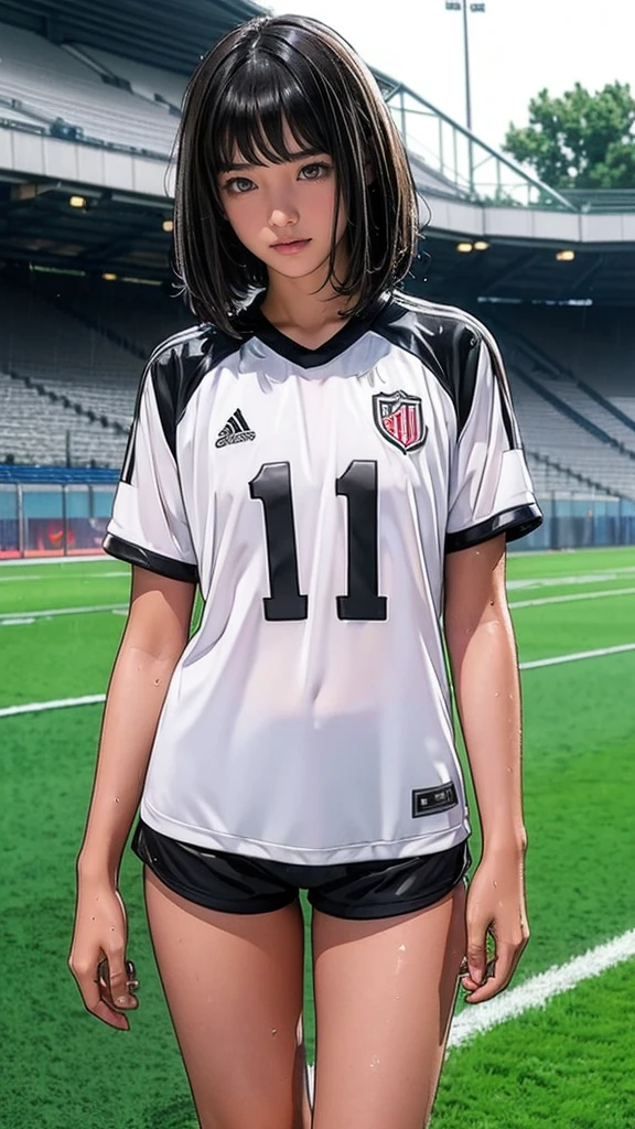 ((, Very slim)), rain, heavy rain, Black Hair, Bobcut, Football Stadium, (Soccer uniforms, White, Wet Hair, Wet Skin, Wet clothes)