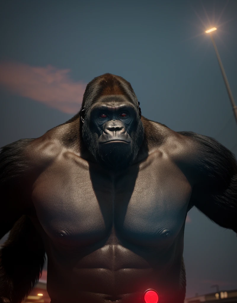 a close up of a gorilla with a red light on his chest, scary angry pose, arnold maya render, angry sasquatch, 3 d ape shaman profile portrait, gorilla, in game capture 3d render, an king kong rage on street, intimidating man, intimidating stance, like gorilla, arnold render, high quality topical render, manly monster tough guy
