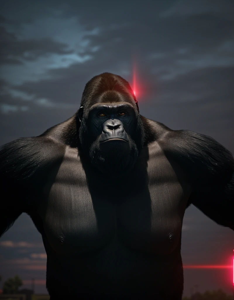 a close up of a gorilla with a red light on his chest, scary angry pose, arnold maya render, angry sasquatch, 3 d ape shaman profile portrait, gorilla, in game capture 3d render, an king kong rage on street, intimidating man, intimidating stance, like gorilla, arnold render, high quality topical render, manly monster tough guy