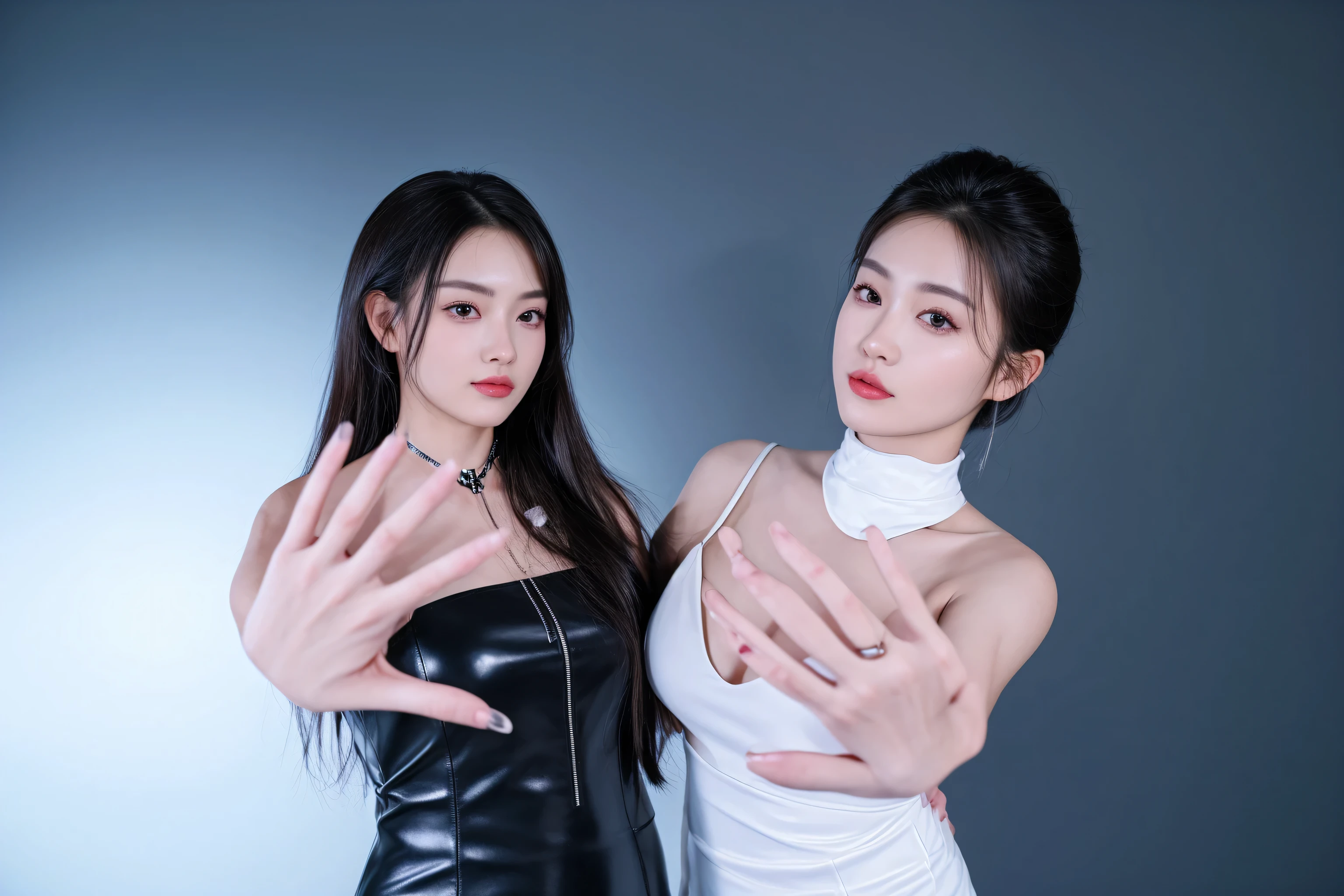 two women in leather dresses posing for a picture with their hands together, nixeu and sakimichan, ayami kojima and lyde caldwell, threatening pose, hands retouched, shot on canon eos r5, shot on canon eos r 5, close - up studio photo, twins, hands up, with fingers, captured on canon eos r 6