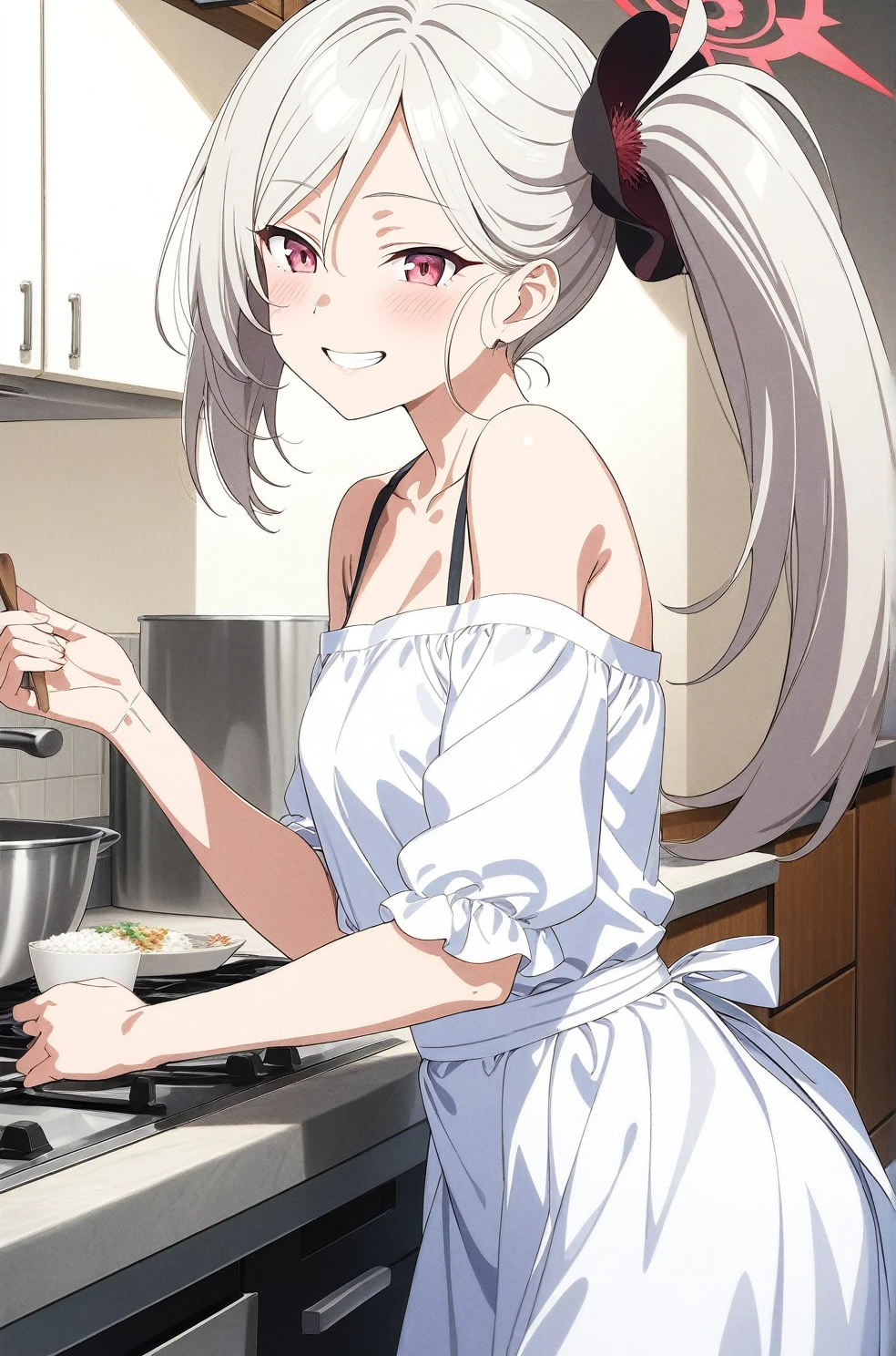 best quality, amazing quality, very aesthetic, absurdres, (1girl, mutsuki, blue archive, solo, red eyes, white hair, side ponytail), (realistic face:0.9),(off-shoulder dress:1.8),dress lift, (grin, blush, thigh:1.3), (cowboy shot), (glowing eyes), (half closed eyes:0.9), (from side:2),(official art:1.3), (kitchen), expressive eyes, perfect face, 4k, extremely detailed anime illustration, extremely detailed eyes, perfect anatomy, light rays, extremely delicate body, smooth skin, (school background:1.5), clear eyes, beautiful face, small breasts,(anime style:1.7), (Warm Light:1.5), (highres:2), In the kitchen, brightly lit by the morning sun, a woman in a white apron is smiling at us. In her right hand is a handful of rice balls, and in her left is a small white plate filled with salt. Her smile is as if she is saying, "Look, it's almost ready.