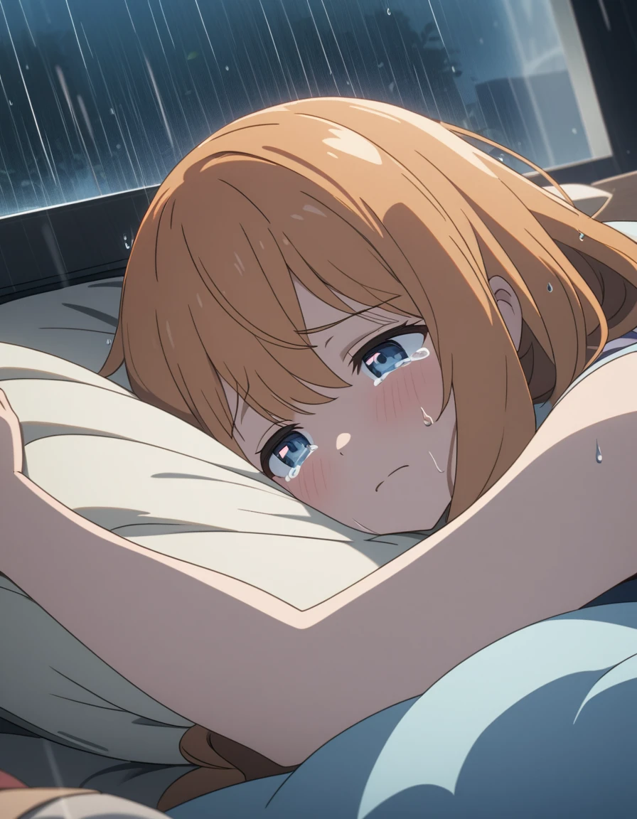 a boy and a girl in an intimate embrace on a bed, the boy crying, rain visible through a window, detailed anime style characters, 1boy, 1girl, anime, anime boy, anime fox girl, orange hair, lying down, hugging, crying, bedroom, intimate, sad, rainy window,, 8k, masterpiece, dramatic lighting