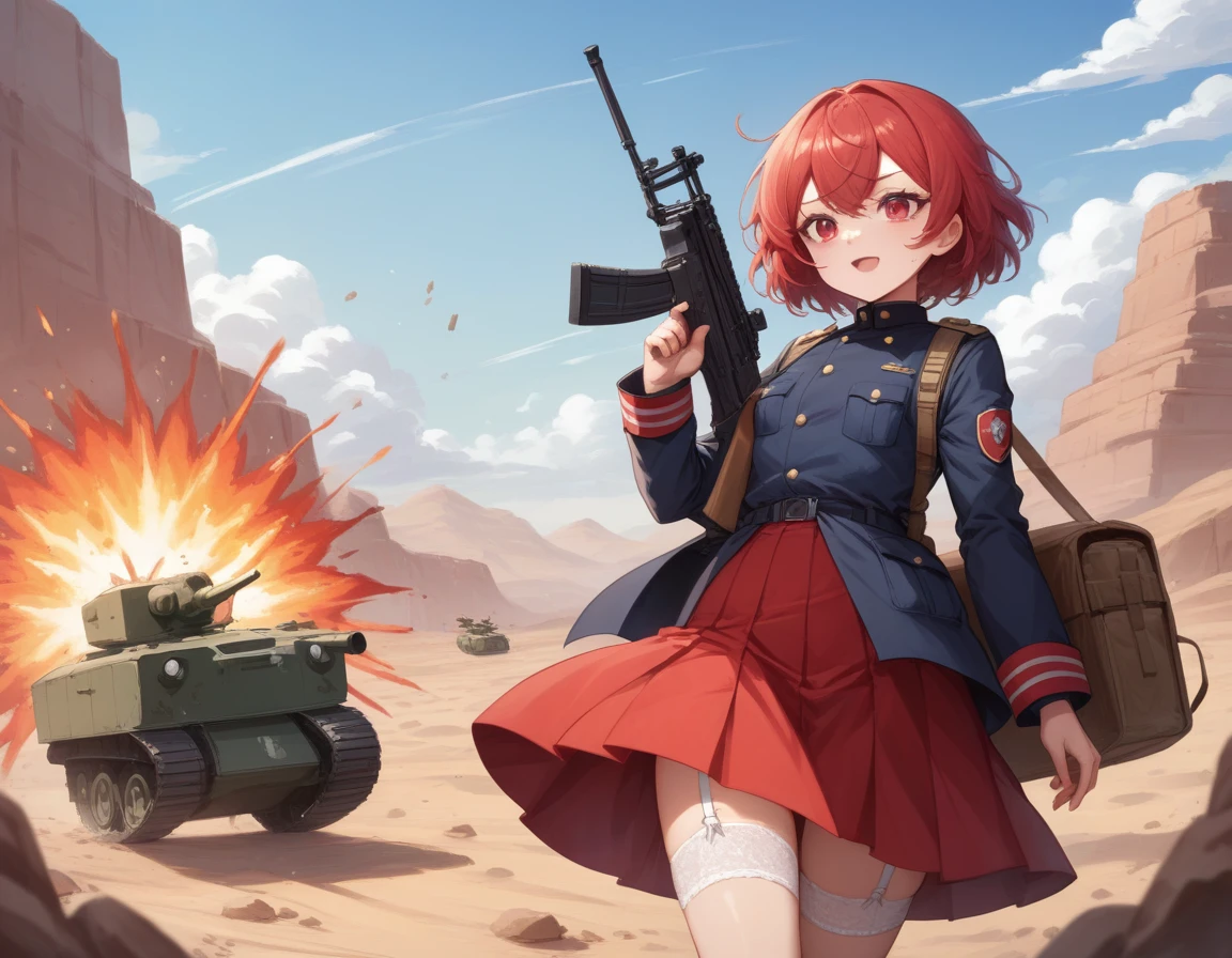 Small breasts、A platoon of girls in bright red military uniforms and long red skirts、Red military uniform and red long skirt、Panty shot、Cute snow-white underwear、garter belt、A pair of girl platoon leaders and soldiers equipped with two assault rifles、desert、Black powder explosion on the ground behind、Big Explosion、A big uproar、Destroy a Tank