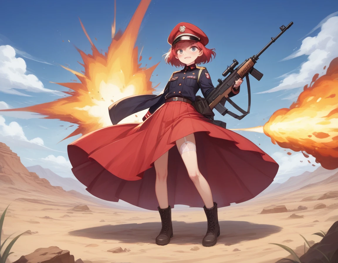 Small breasts、A platoon of girls in bright red military uniforms and long red skirts、Red military uniform and red long skirt、Panty shot、Cute snow-white underwear、garter belt、A pair of girl platoon leaders and soldiers equipped with two assault rifles、desert、Black powder explosion on the ground behind、Big Explosion、A big uproar、Destroy a Tank