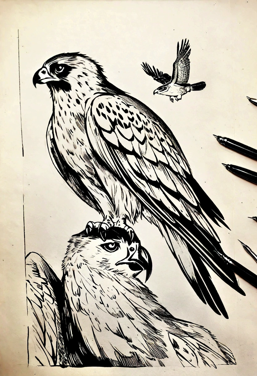 A bird painting with black and white background, etching, an etching, falcon, moult, Pen drawing, Detailed hatching, Untitled, author:Elsie Few, etching illustration, author:Jürg Krähenbühl, Animal paintings no. 1, No female images, Wear, author:Helen Dahm