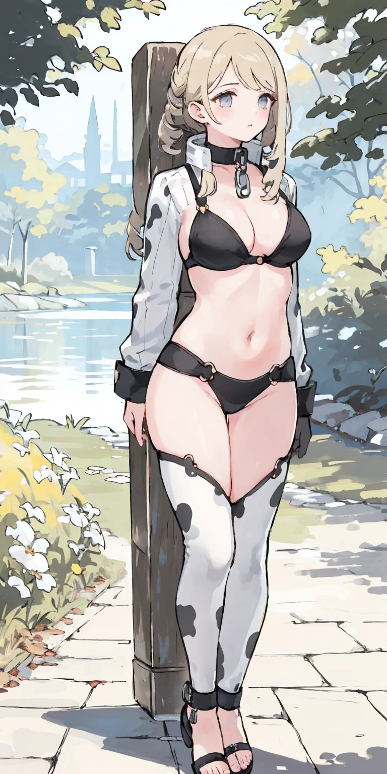 (Masterpiece, best quality, intricate details, 1sologirl) iron collar, arms behind back, iron cuffs, shackles, bound ((standing by wooden pole:1.2)) ((female Black Dark skin Gyaru)) show entire body frontal position, feet in view, realistic, gorgeous 16y.o. darkest skinned mixed race female, black African, barefoot no shoes, looking to viewer straight symmetrical, solo girl looking to the camera, cow bell choker leather collar choker neck bell, metal sandals, black and white bikini (cow pattern) black thigh high